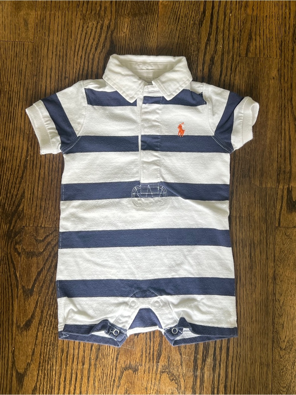 Ralph Lauren White & Navy Striped Polo Romper with Orange Pony